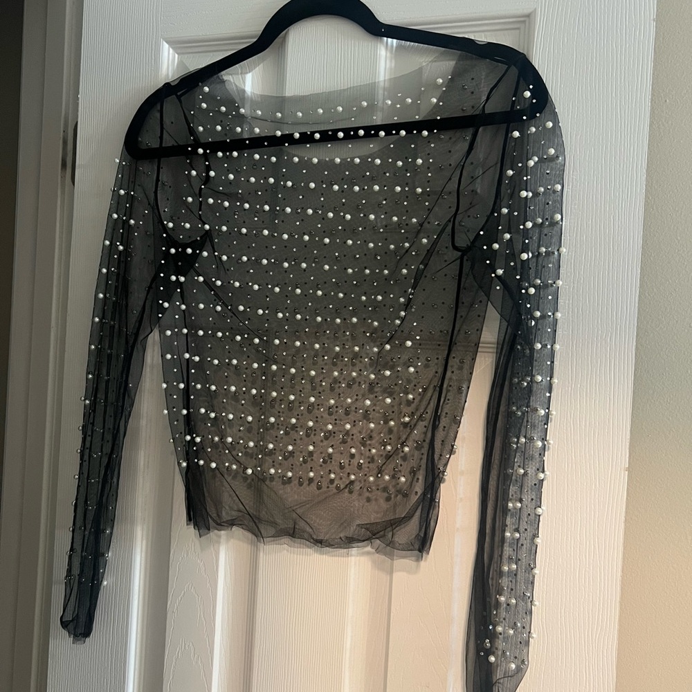 Elegant Black Sheer Top with Pearl Embellishments